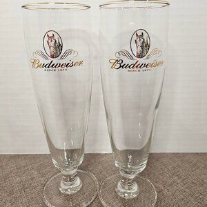 Set of 2 Vintage Budweiser Since 1876 Pilsner Beer Glasses Gold Rimmed And Lette